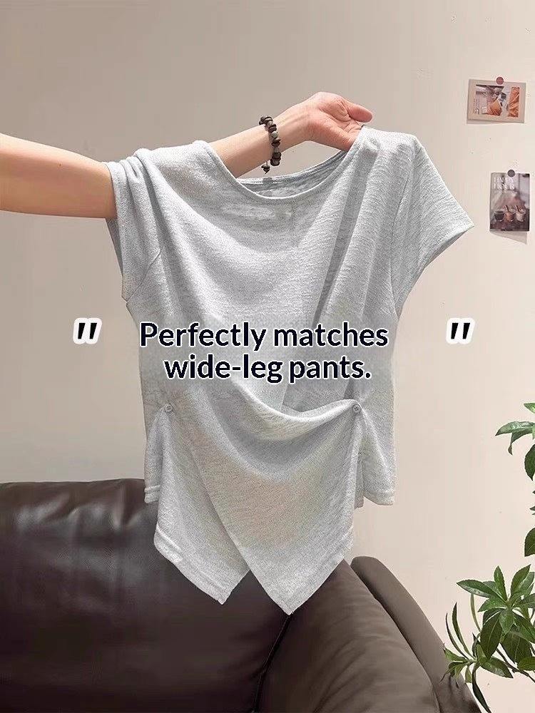 Korean-style Buttoned Crossover Hem Short-sleeve T-shirt