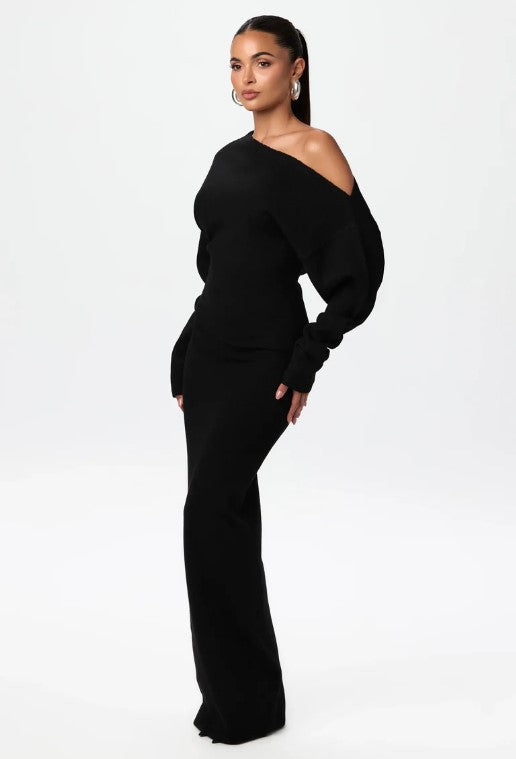 Ins Slim Long Sleeve Knitted  Evening Party Sexy Off-shoulder Bodycon Long Dresses