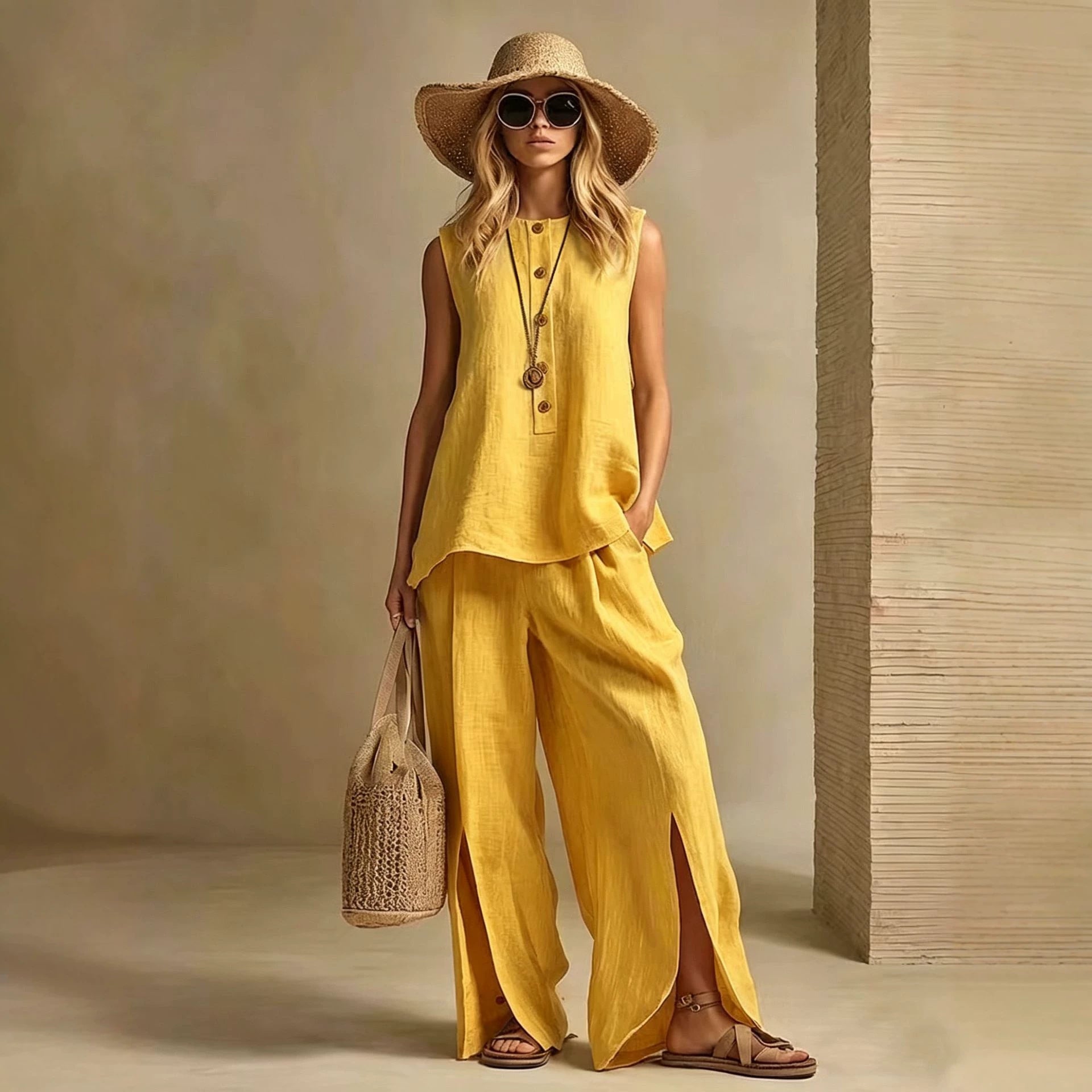 Womens Sleeveless Shirt And Pants Set Loose-Fitting Two-Piece Suit
