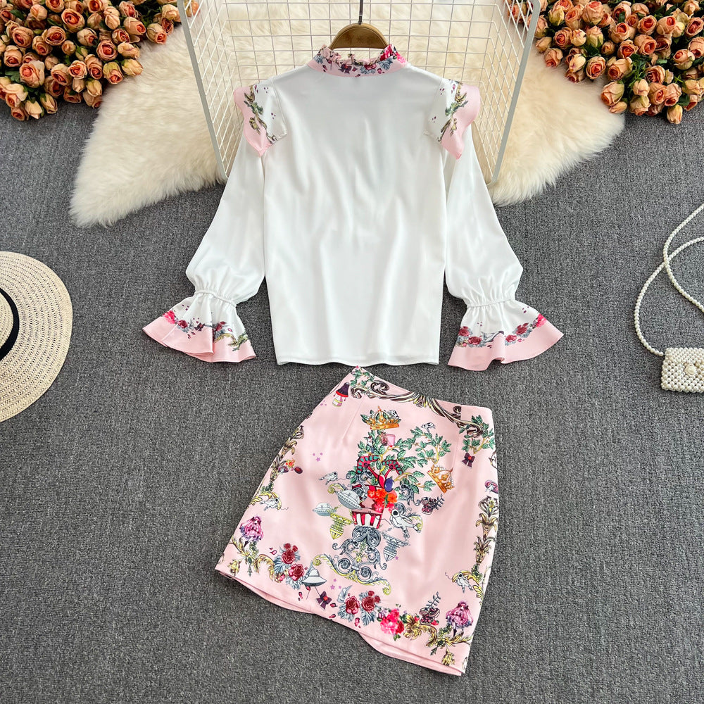 Sleeve Ruffle Print Shirt Two Piece High Waist Hip Skirt