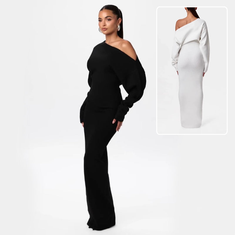 Ins Slim Long Sleeve Knitted  Evening Party Sexy Off-shoulder Bodycon Long Dresses
