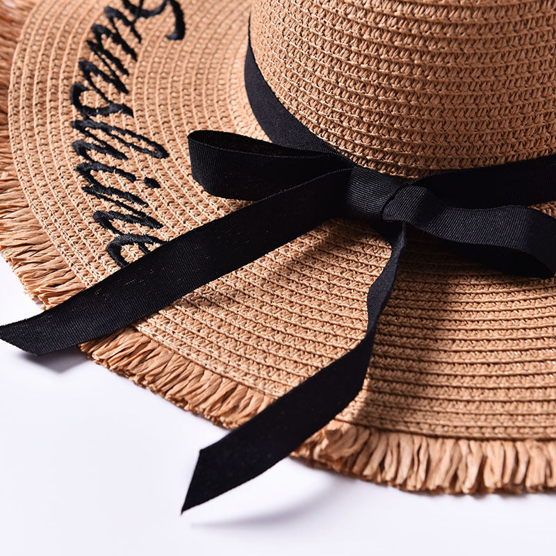 Big beach embroidered letters raw edge sun hat