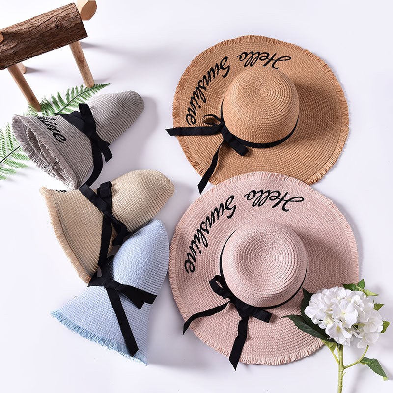 Big beach embroidered letters raw edge sun hat