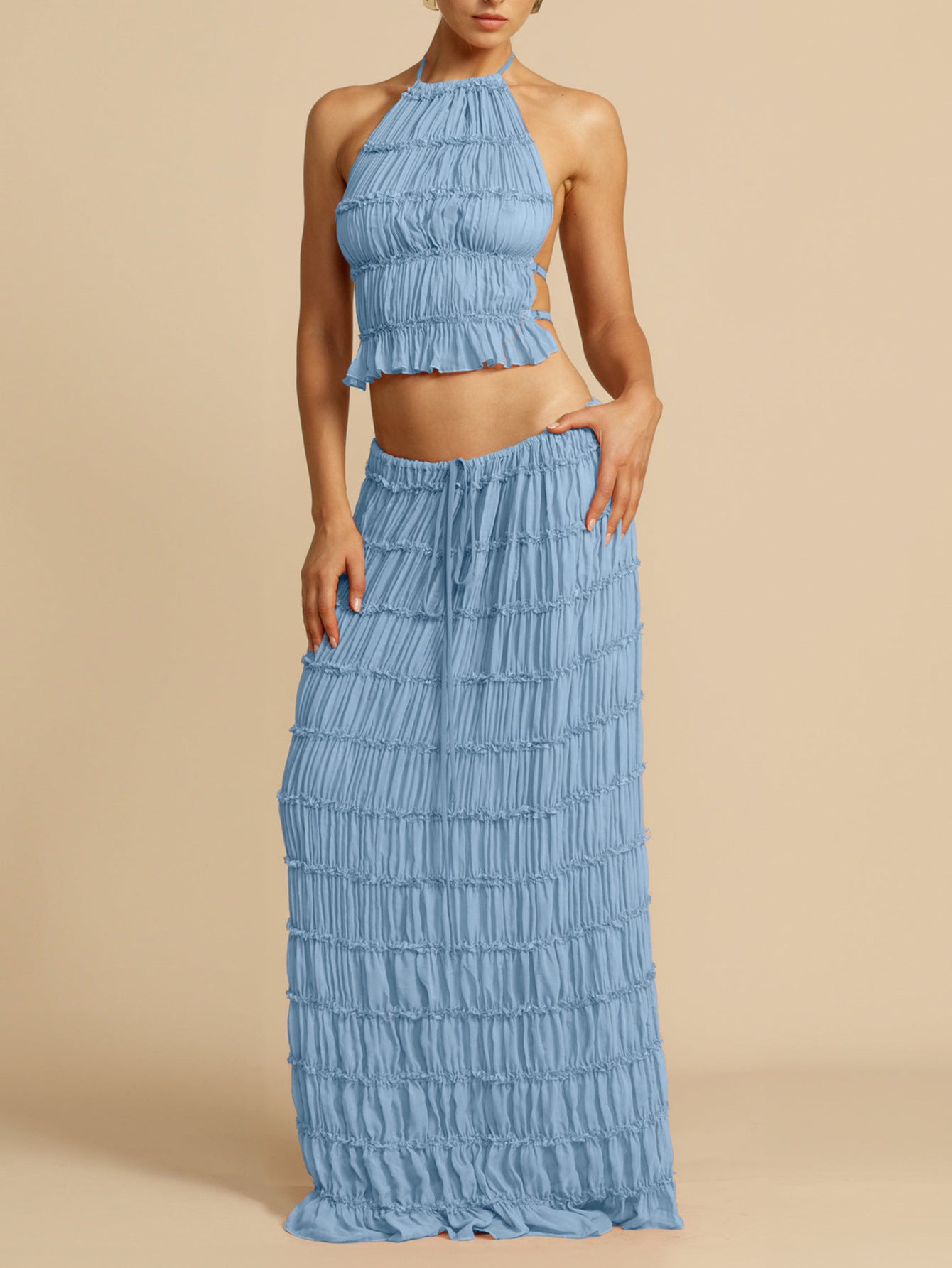 Resort-Style Halterneck Pleated Cami Top & Midi Skirt Two-Piece Set For Women