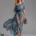 Blue-toned Leopard-print Chiffon Off-shoulder Dress