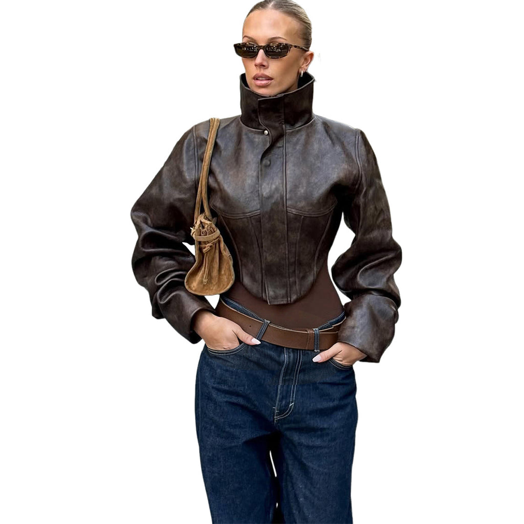 Solid-color High-neck Cropped Leather Jacket