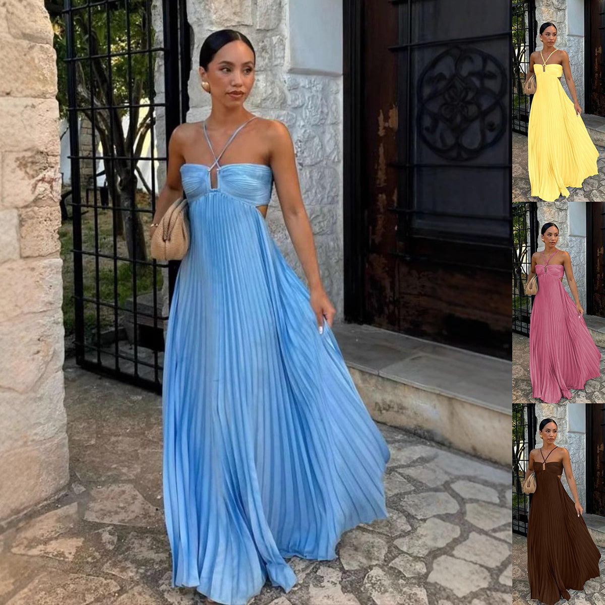 Ins Pleated Sleeveless Sling Dress For Evening Party Club