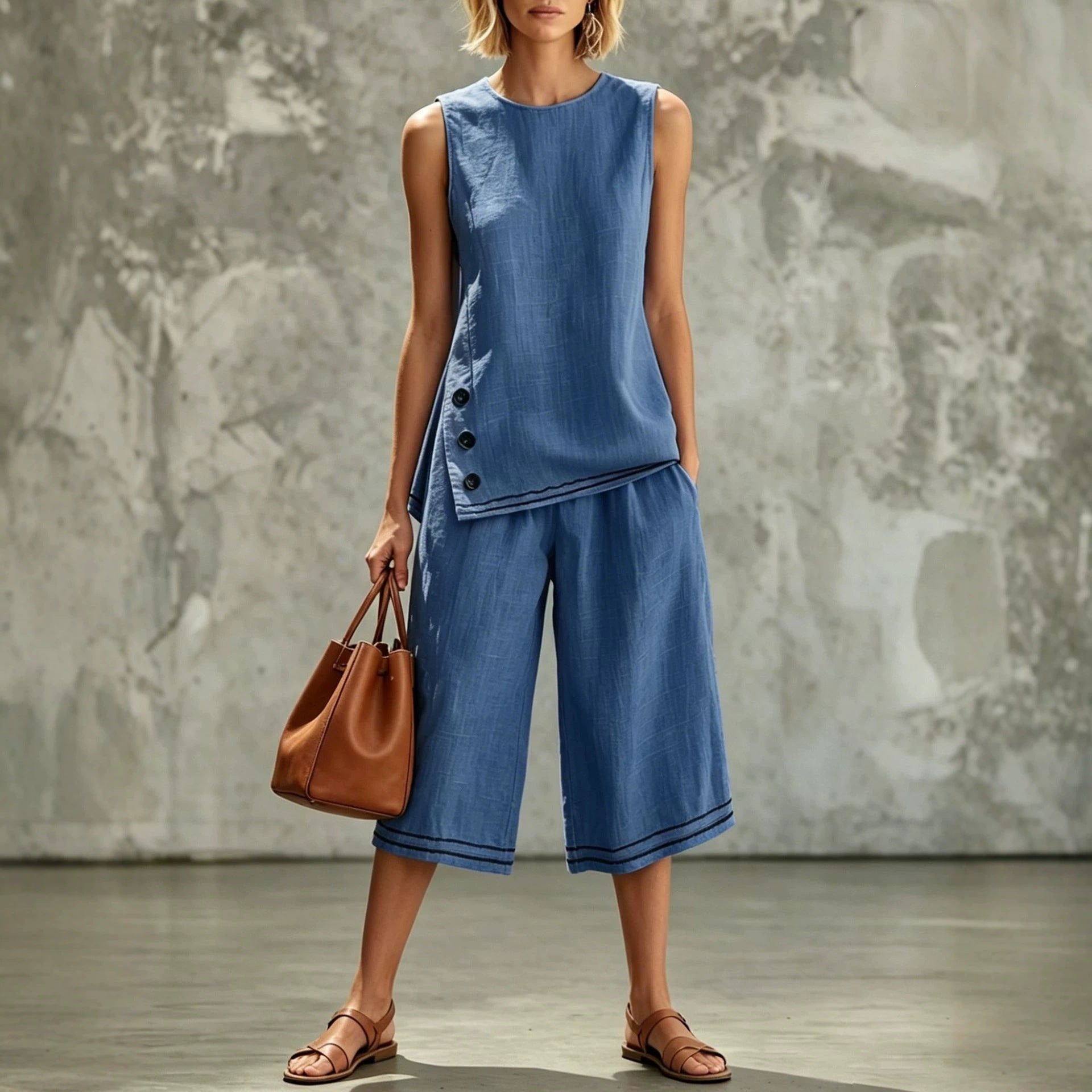Sleeveless Side-split Tank Top Paired With Wide-leg Cropped Pants Womens Two-piece Set