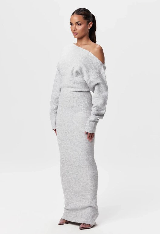 Ins Slim Long Sleeve Knitted  Evening Party Sexy Off-shoulder Bodycon Long Dresses