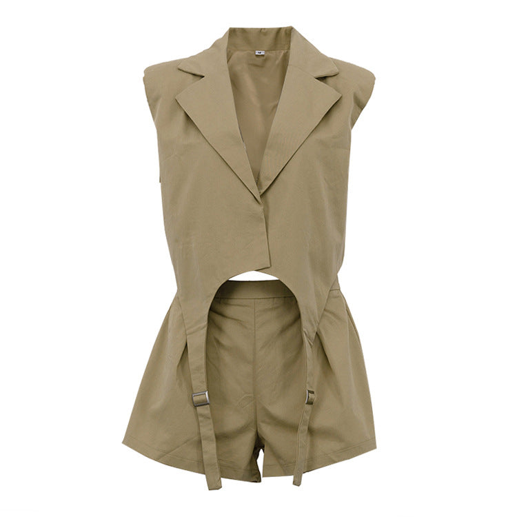 Khaki Oversized Sleeveless Blazer & Shorts Co-ord Set