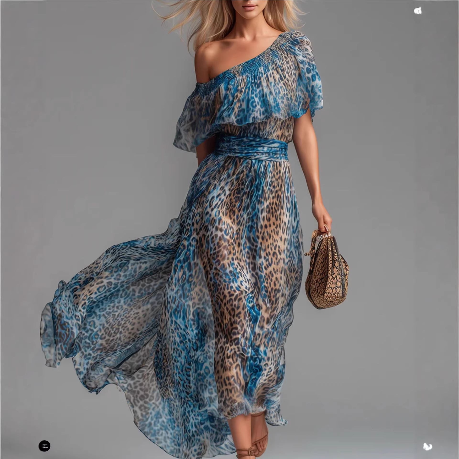 Blue-toned Leopard-print Chiffon Off-shoulder Dress