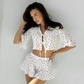 Womens Printed Ruffle-Trim Short-Sleeve Top And Shorts Set