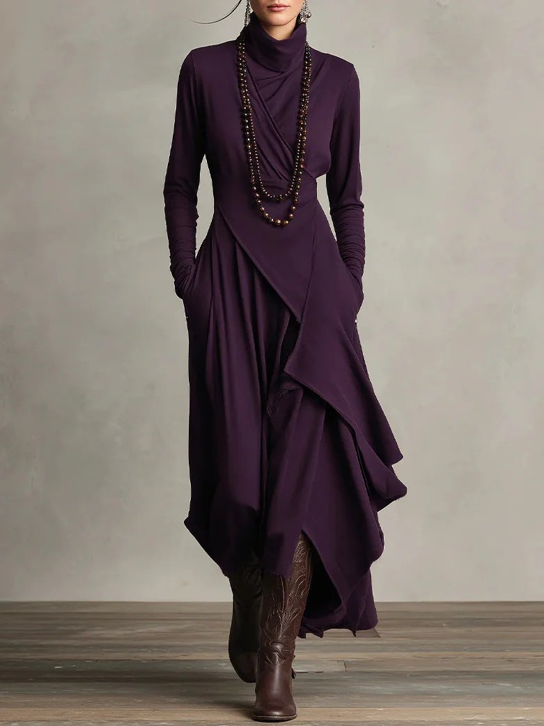 Solid Color Long Sleeve Cross Wrap High Neck Maxi Dress