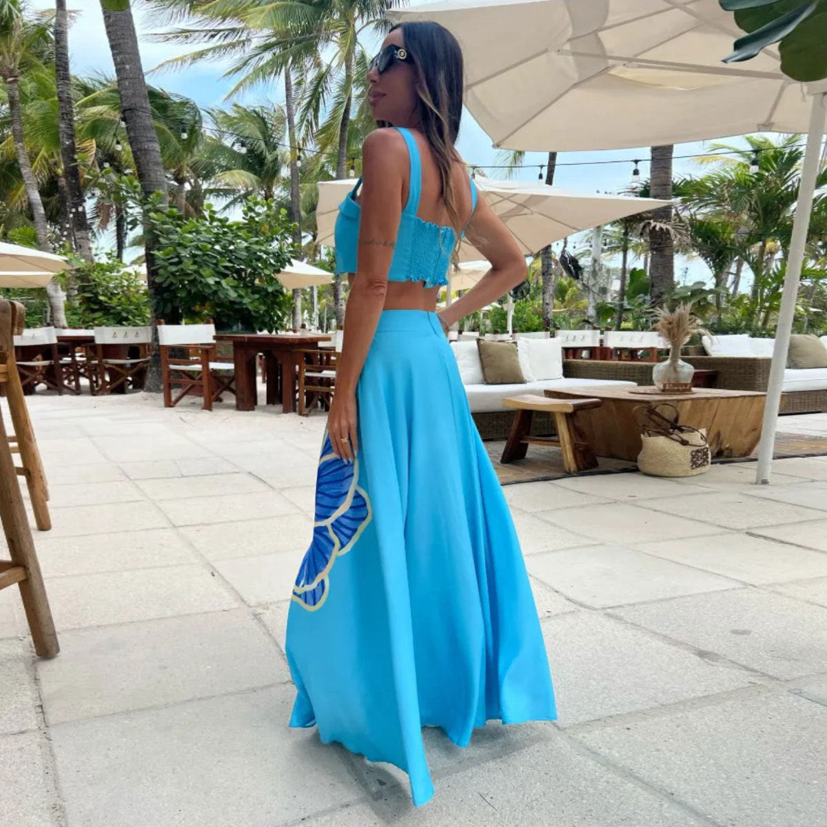 Blue Printed Midriff Outfit Split Two-piece Set For Women
