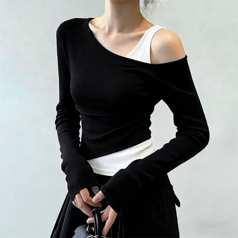 Off-Shoulder Fake Two-Piece Shaped Waist Shirt Womens New Style