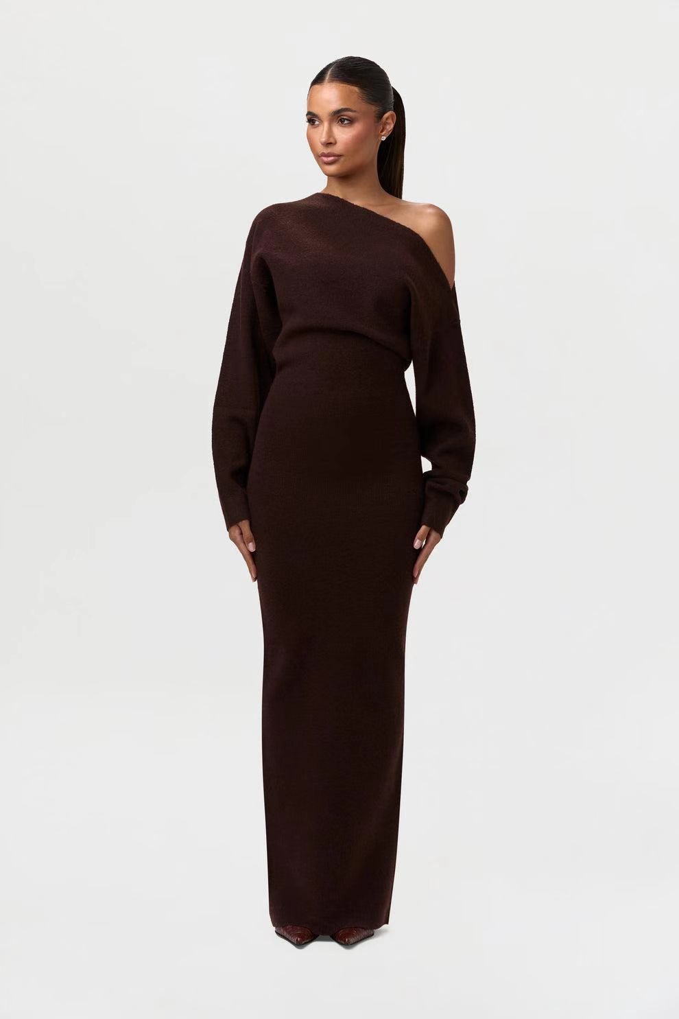 Ins Slim Long Sleeve Knitted  Evening Party Sexy Off-shoulder Bodycon Long Dresses