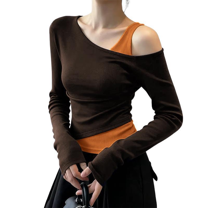 Off-Shoulder Fake Two-Piece Shaped Waist Shirt Womens New Style