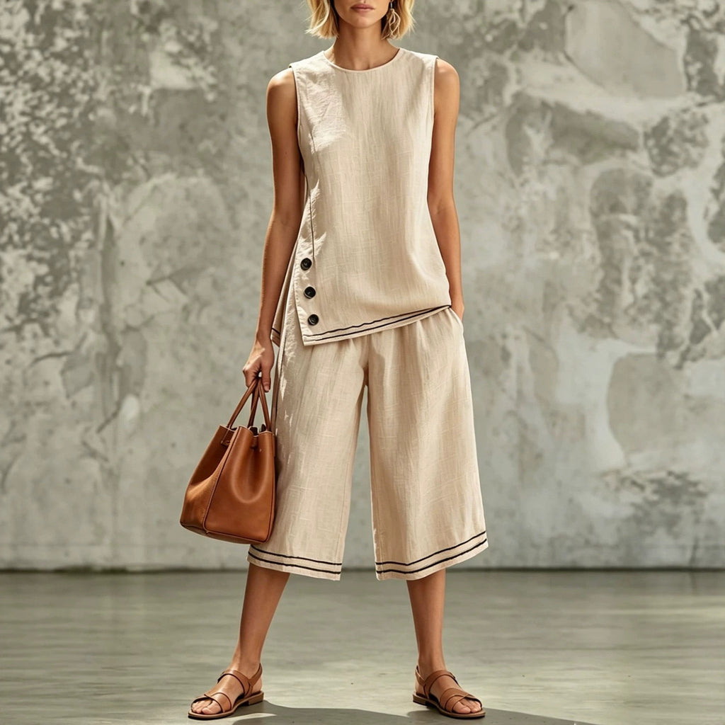Sleeveless Side-split Tank Top Paired With Wide-leg Cropped Pants Womens Two-piece Set