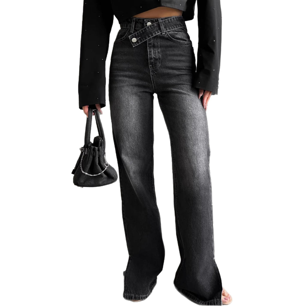 High-waisted, Slightly Flared, Washed Denim Jeans With A Slanted Waistband