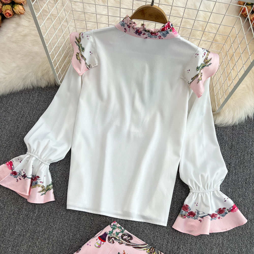 Sleeve Ruffle Print Shirt Two Piece High Waist Hip Skirt