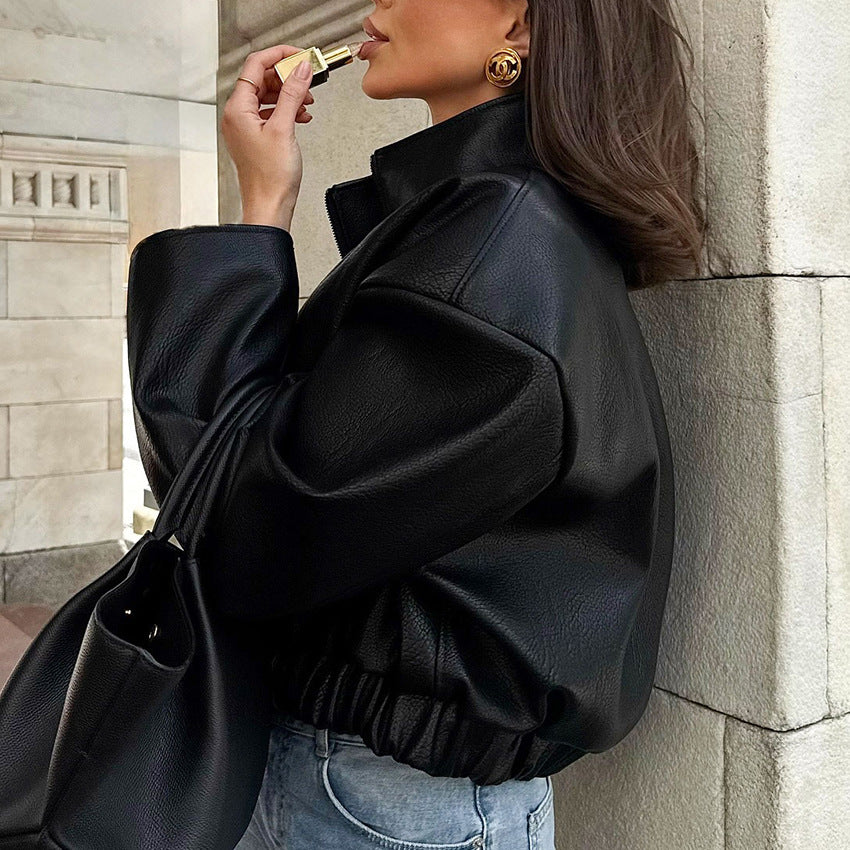 Black Loose-fitting PU Leather Jacket