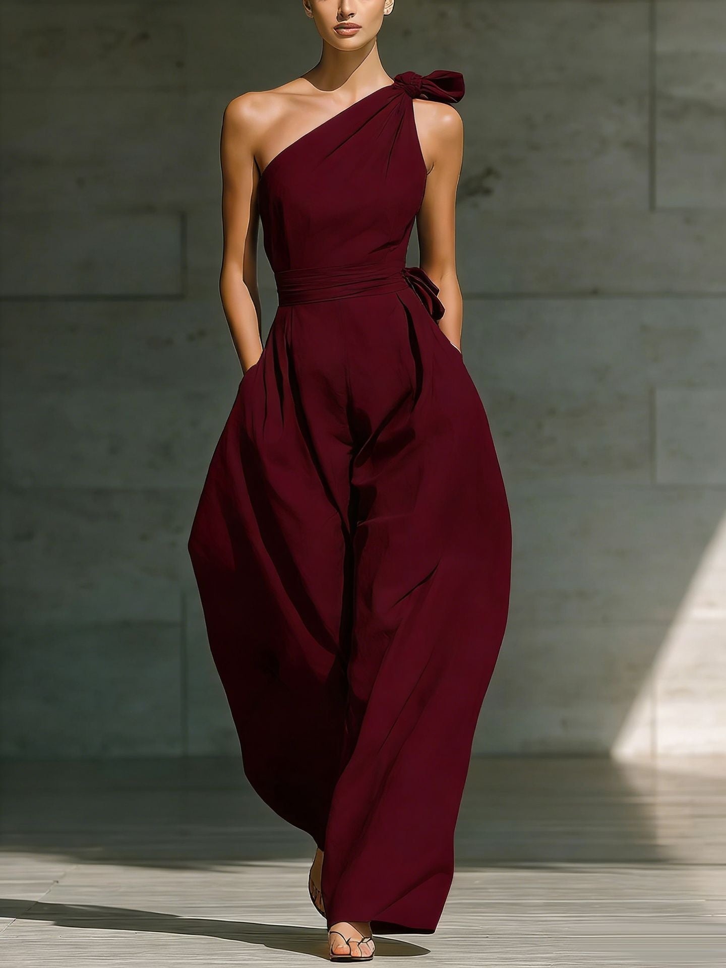 Relaxed One-Shoulder Belted Jumpsuit