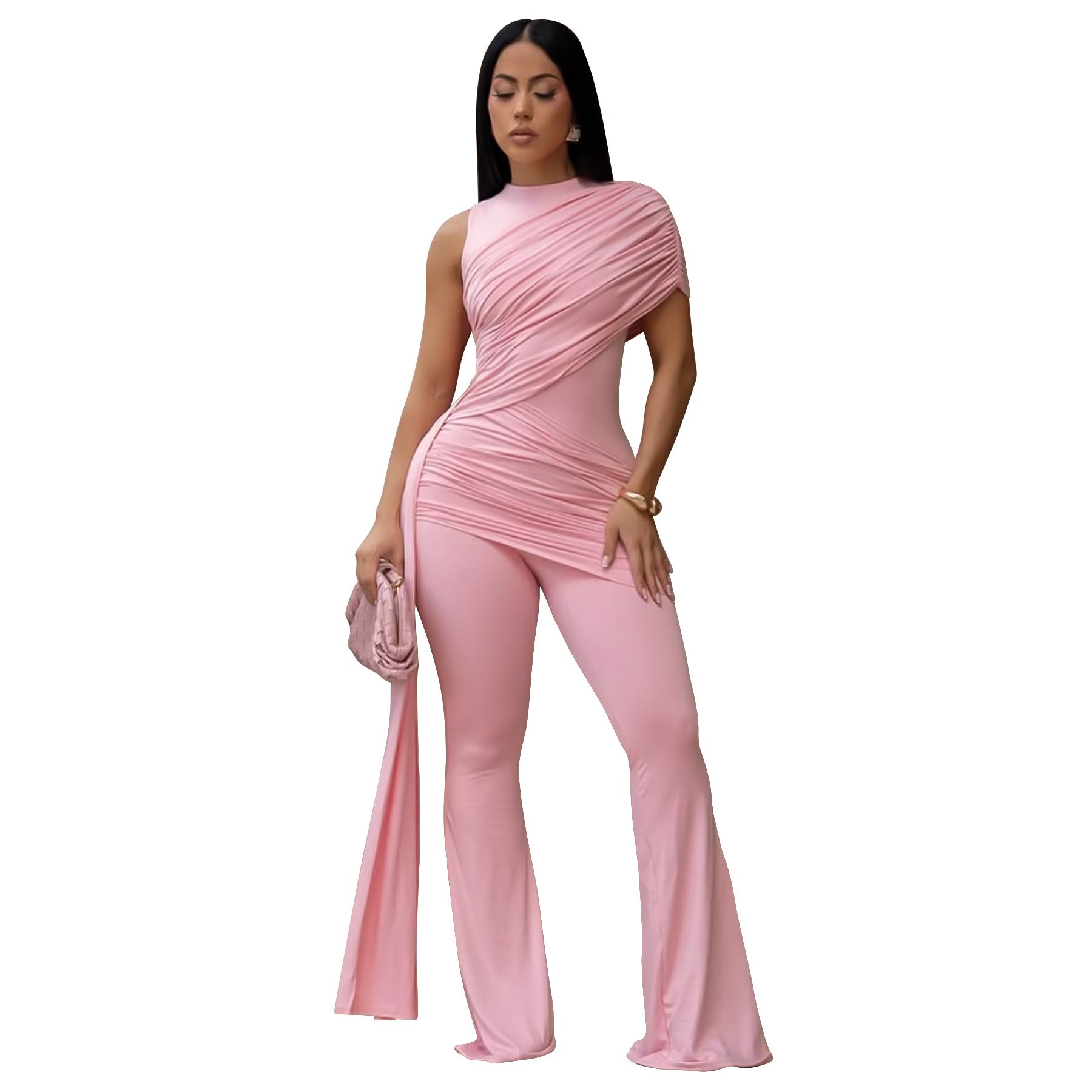Chic Bae Crew-Neck Pleated Ribbon Jumpsuit