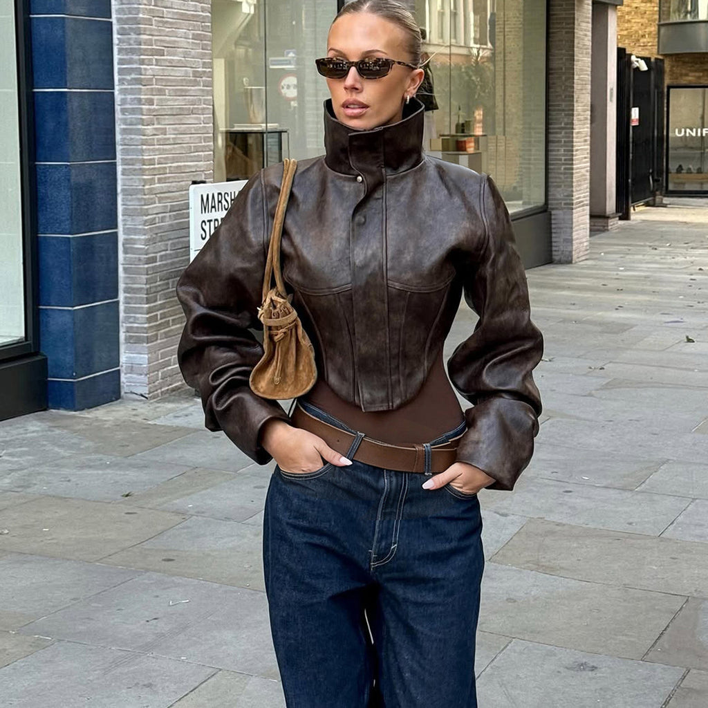 Solid-color High-neck Cropped Leather Jacket