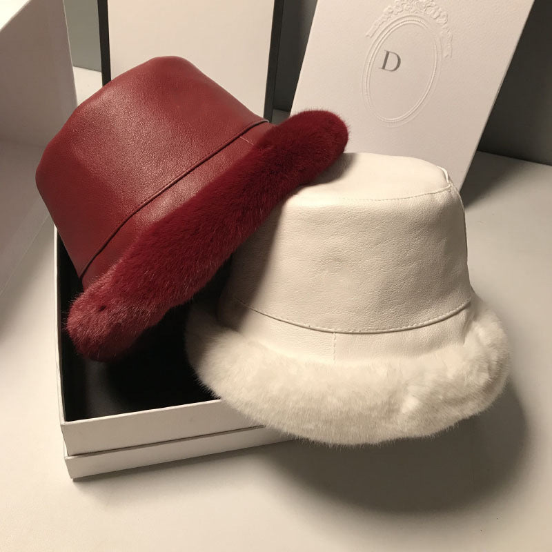 Hat Female Leather Plush Fisherman Hat Versatile Temperament