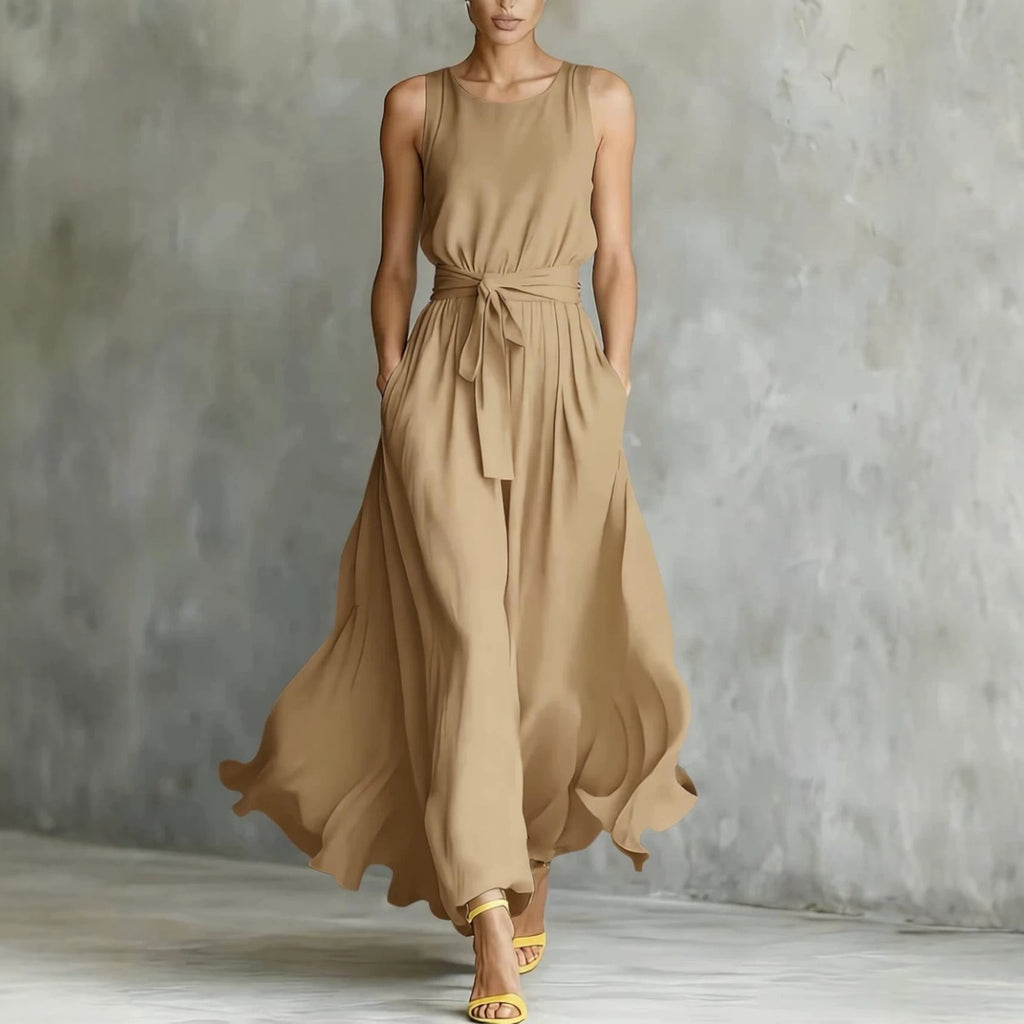 Womens Waist-Cinching Lace-Up Sleeveless Dress