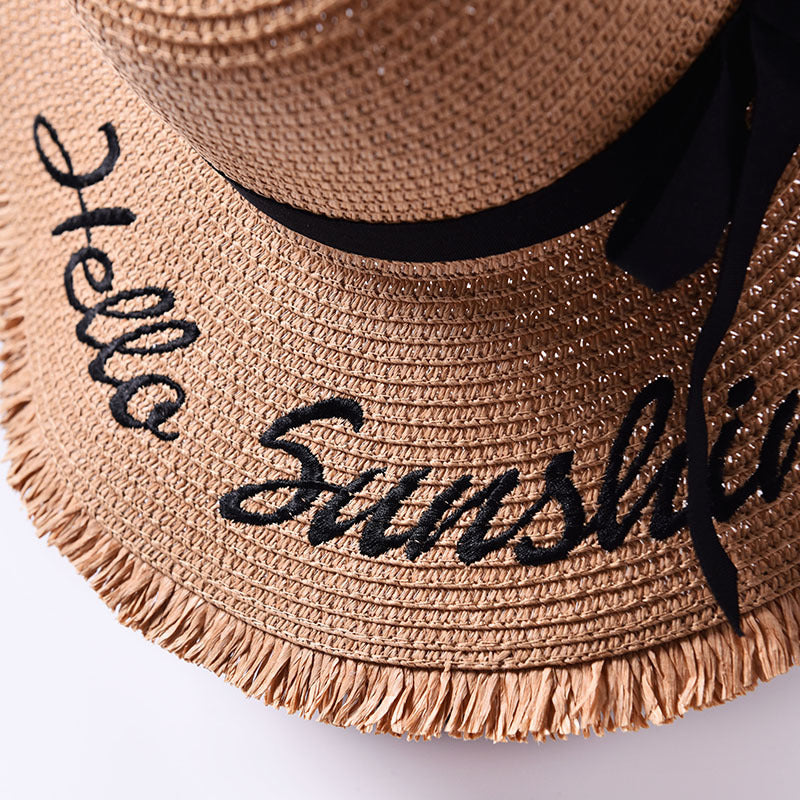 Big beach embroidered letters raw edge sun hat