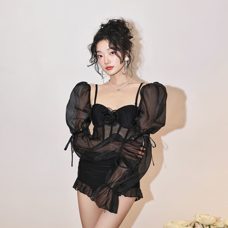 Solid Color Swimsuit Two-piece Lace Puff Sleeve Advanced