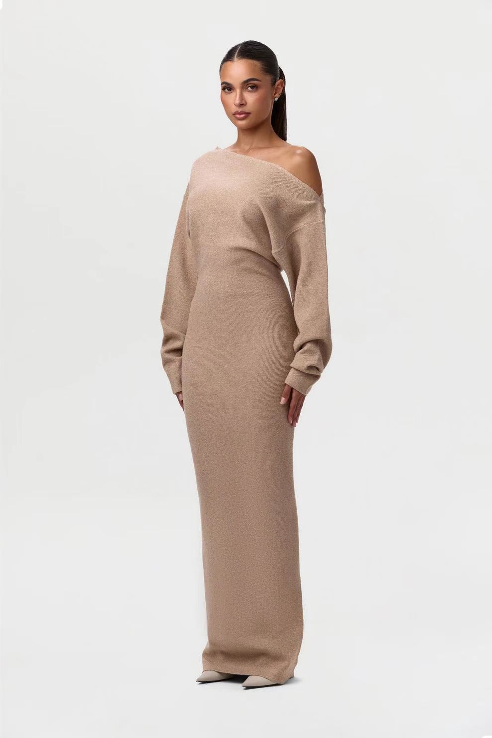 Ins Slim Long Sleeve Knitted  Evening Party Sexy Off-shoulder Bodycon Long Dresses
