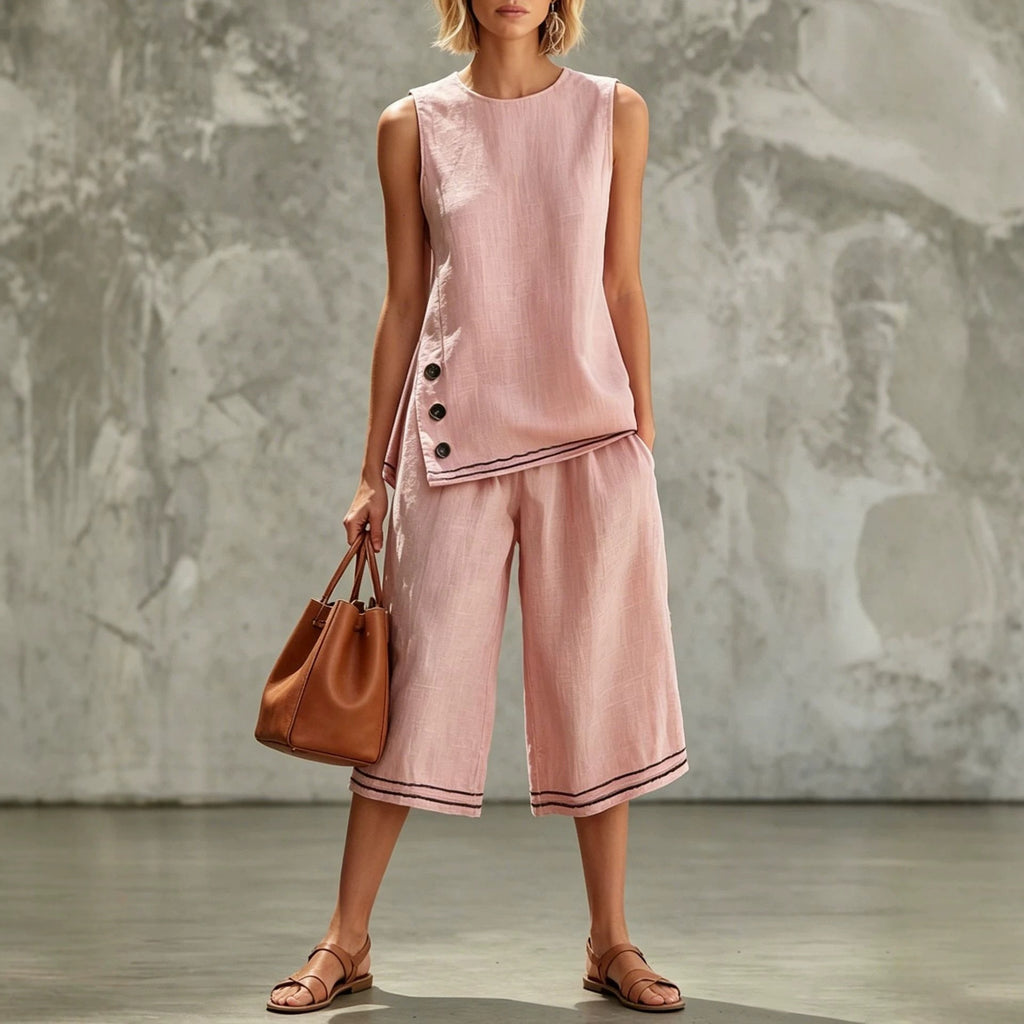 Sleeveless Side-split Tank Top Paired With Wide-leg Cropped Pants Womens Two-piece Set