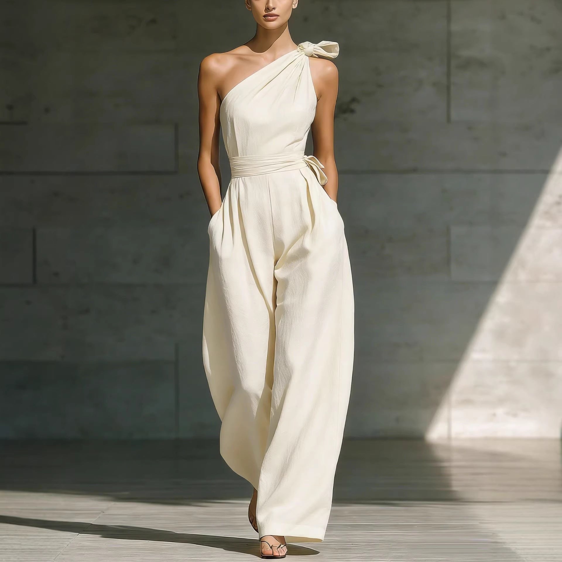 Relaxed One-Shoulder Belted Jumpsuit