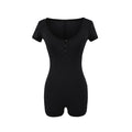Women's Crew Neck Button Front Short Sleeve Jumpsuit