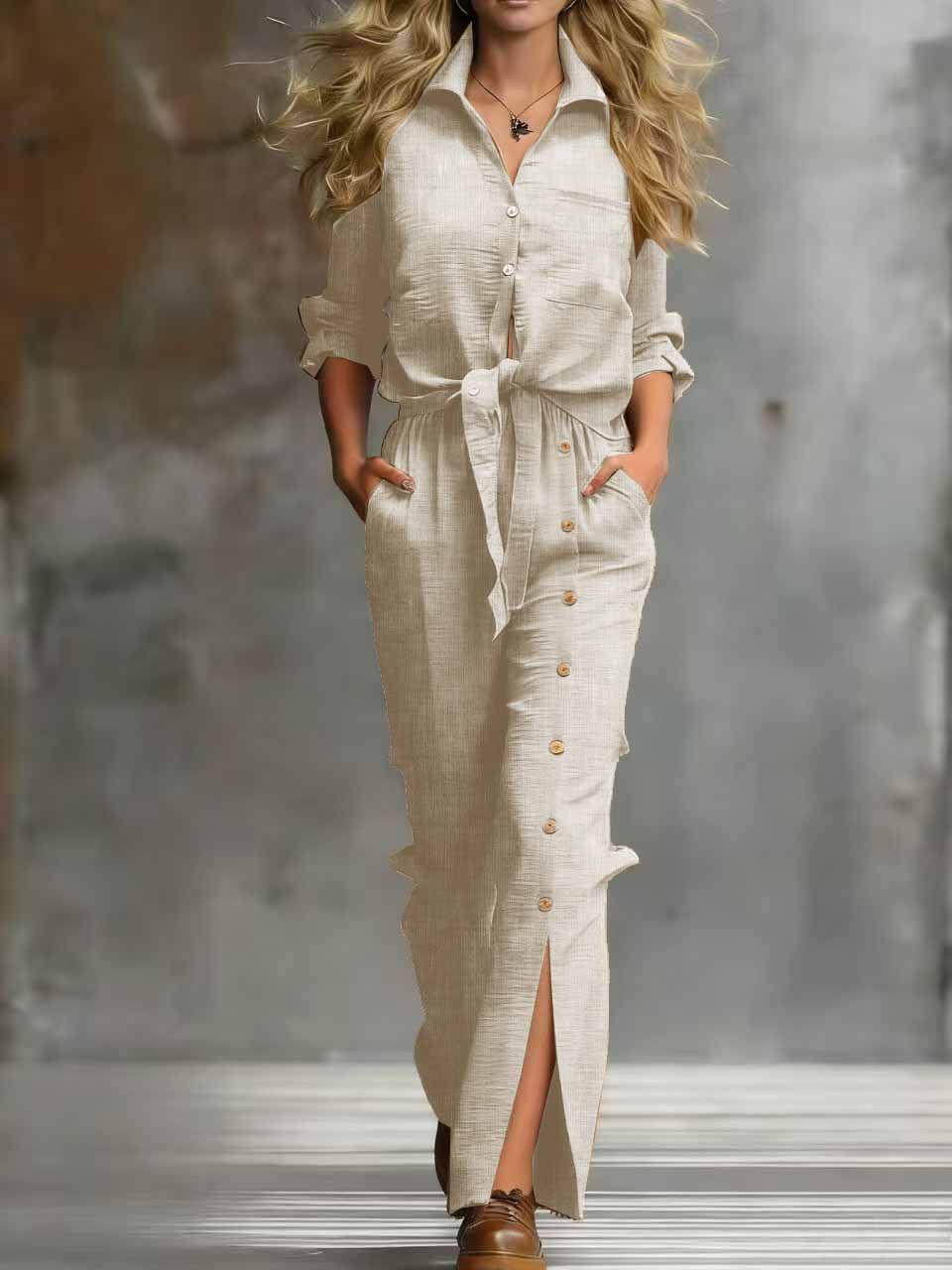 Vacation Cotton-Linen Button-Front Split-Panel Set