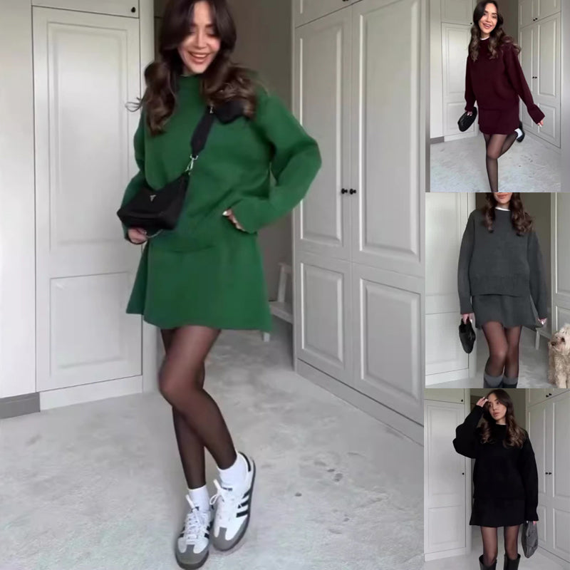 Knit Casual Versatile Long Sleeve Pullover Elegant Solid High Waist Mini Skirt Outfit