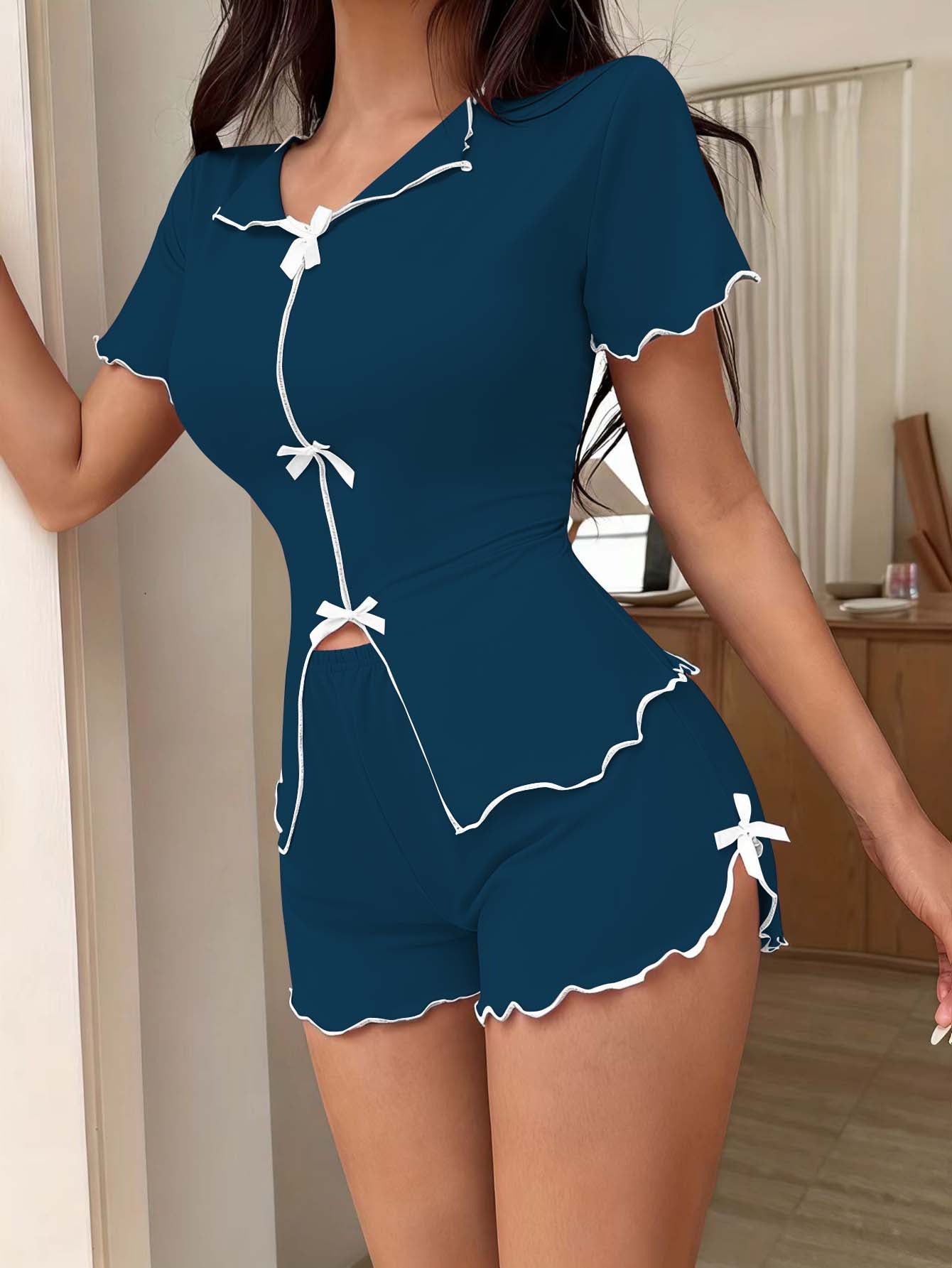 Bow-knot Sexy Stretchy Short-Sleeve Shorts Set