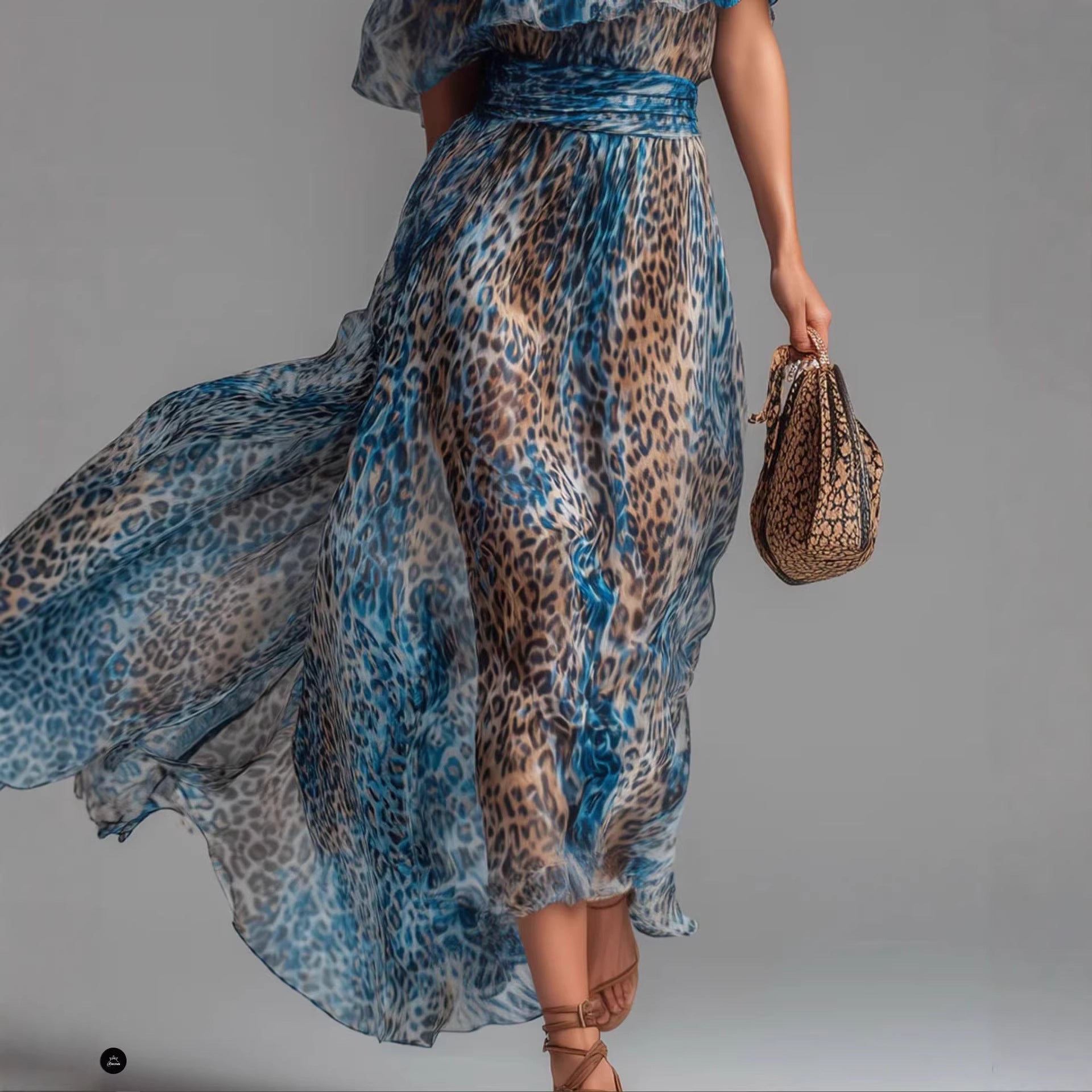 Blue-toned Leopard-print Chiffon Off-shoulder Dress