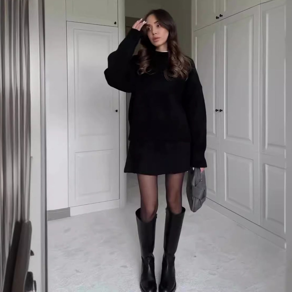 Knit Casual Versatile Long Sleeve Pullover Elegant Solid High Waist Mini Skirt Outfit
