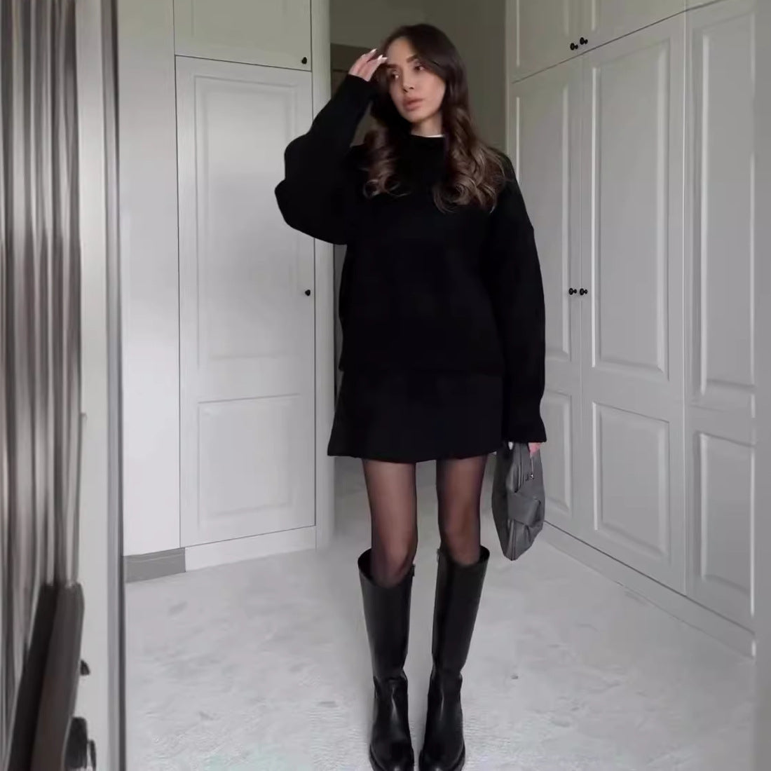 Knit Casual Versatile Long Sleeve Pullover Elegant Solid High Waist Mini Skirt Outfit