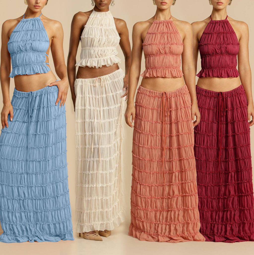 Resort-Style Halterneck Pleated Cami Top & Midi Skirt Two-Piece Set For Women