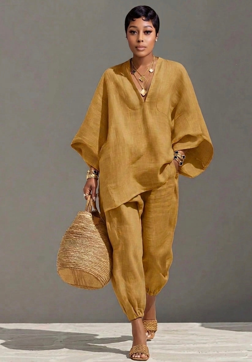 Casual Relaxed Loose-Fitting Solid-Color Shirt Set