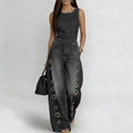 High-waisted Loose-fit Cutout Metal-detail Denim Jumpsuit