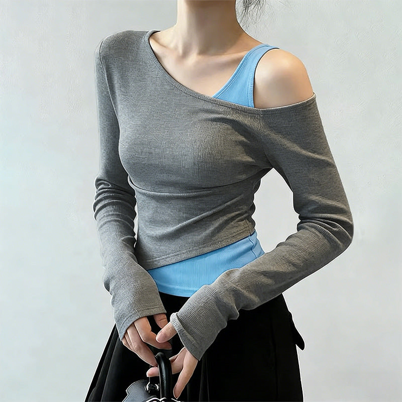 Off-Shoulder Fake Two-Piece Shaped Waist Shirt Womens New Style