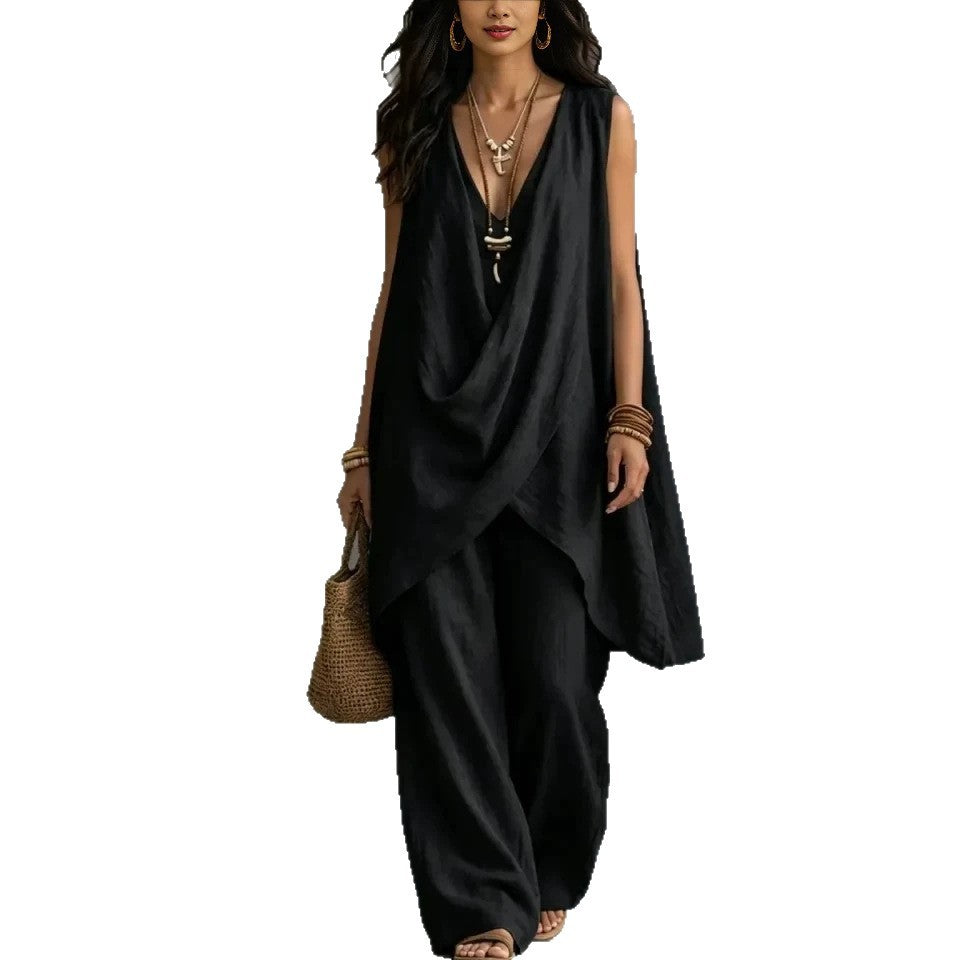Women's Solid-Color Elegant Loose Cotton-Linen Resort-Style Set