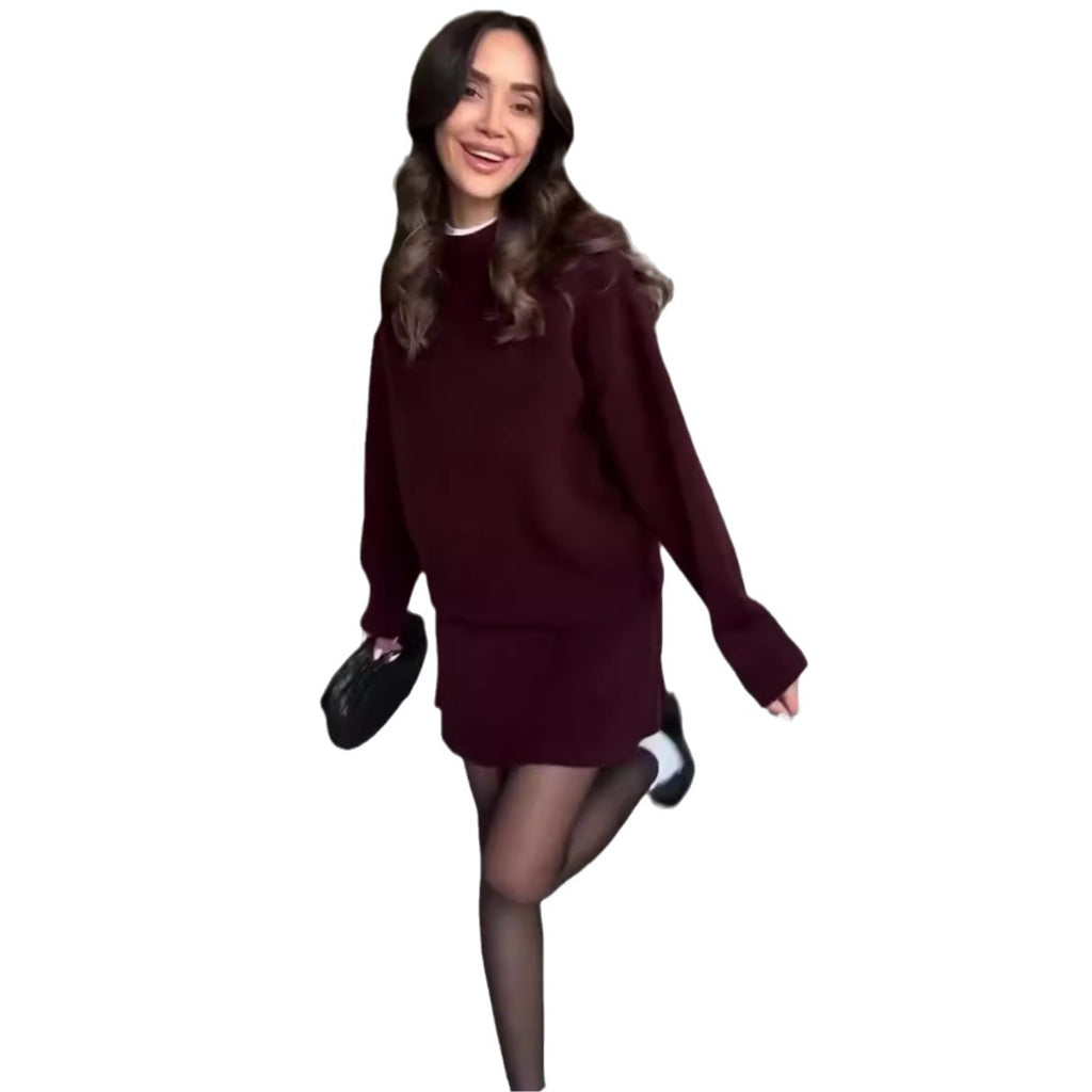 Knit Casual Versatile Long Sleeve Pullover Elegant Solid High Waist Mini Skirt Outfit