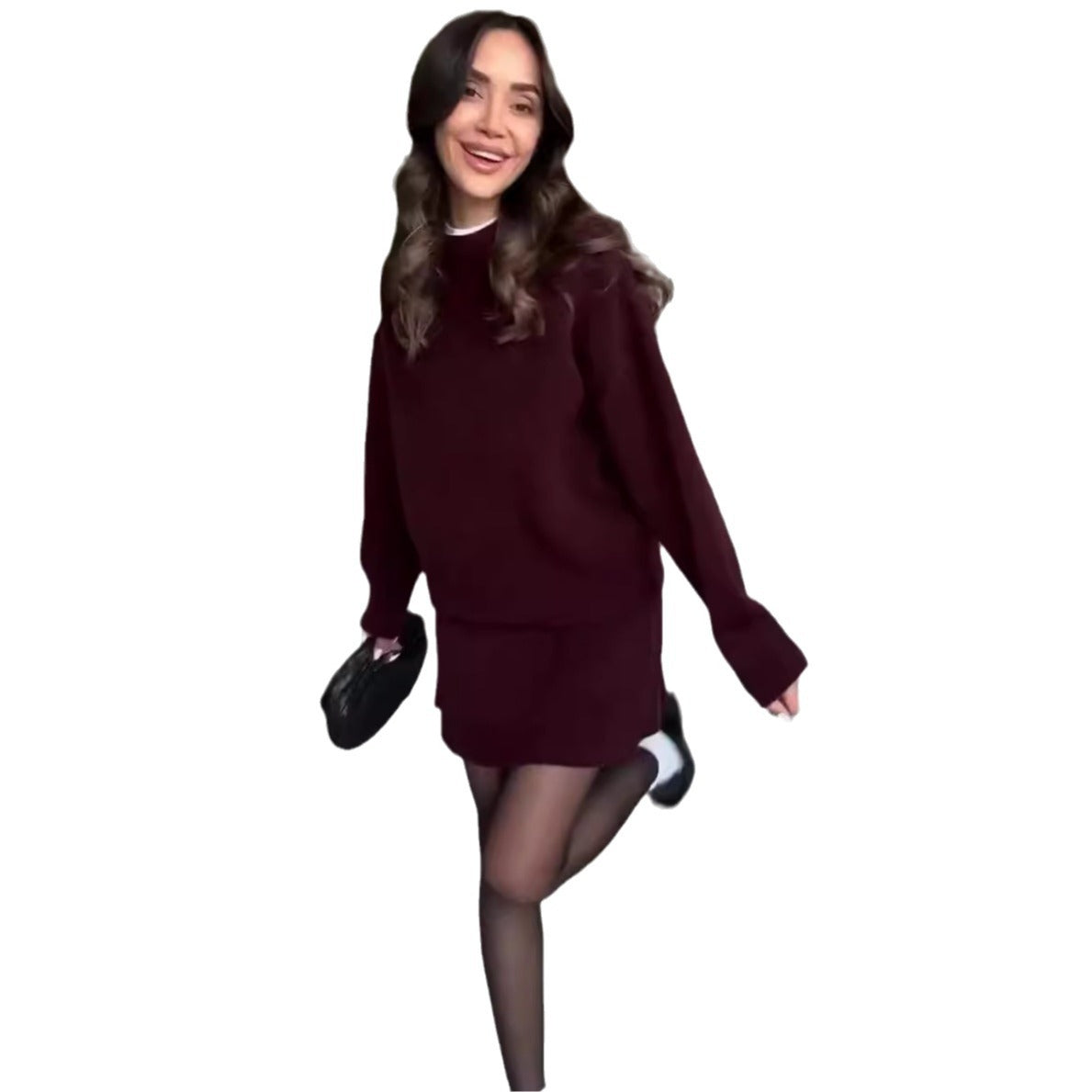Knit Casual Versatile Long Sleeve Pullover Elegant Solid High Waist Mini Skirt Outfit