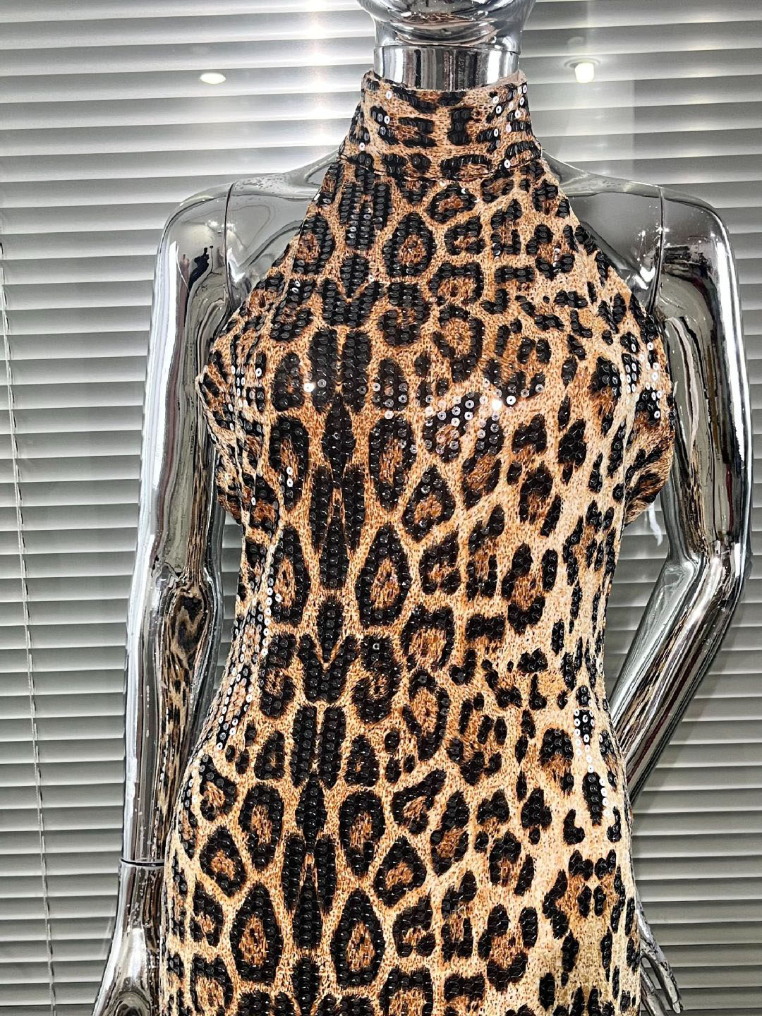 Leopard Print Sequin Halter Neck Mermaid Gown